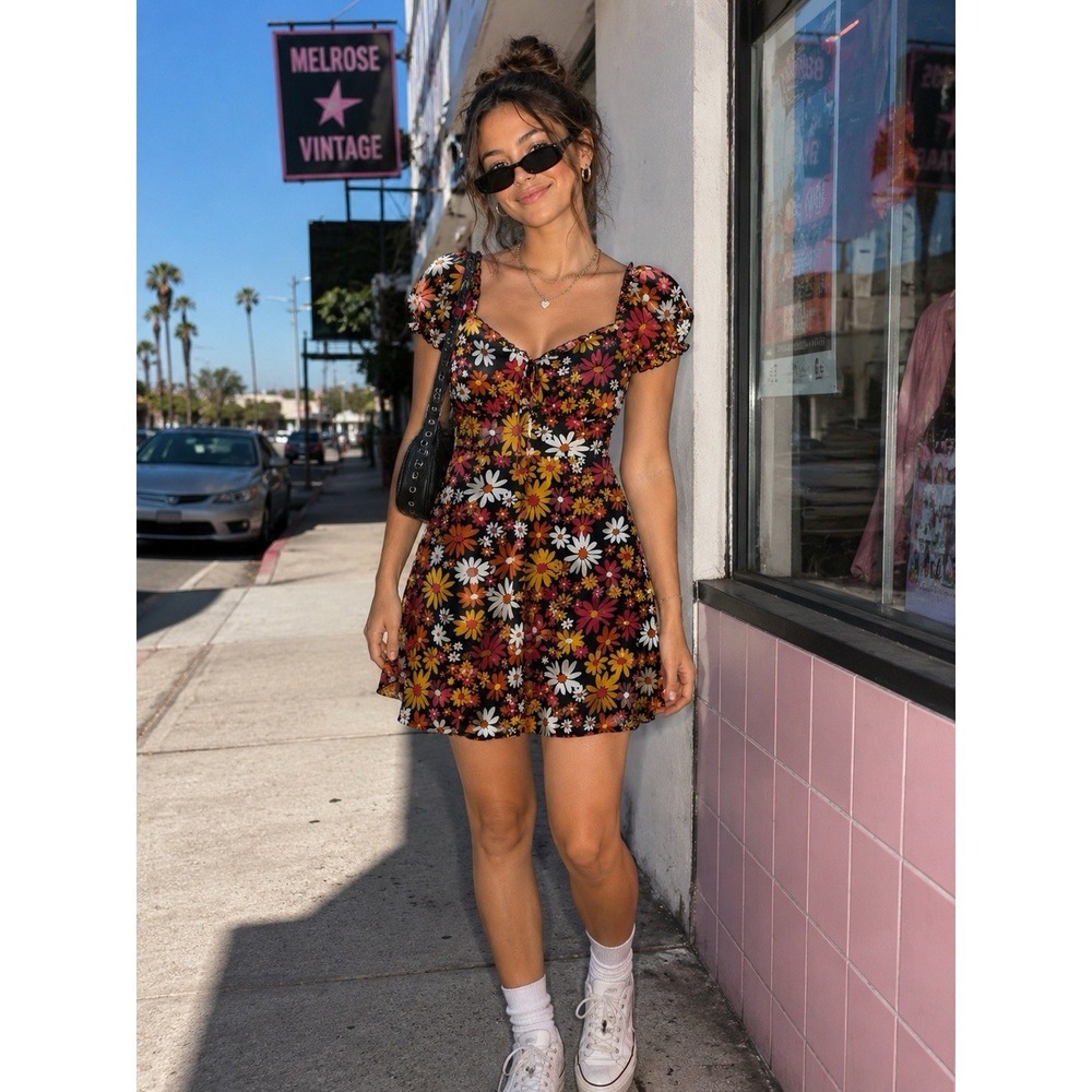 Y2K Floral Puff Sleeve Mini Mesh S Dress Cottagecore Coquette Babydoll